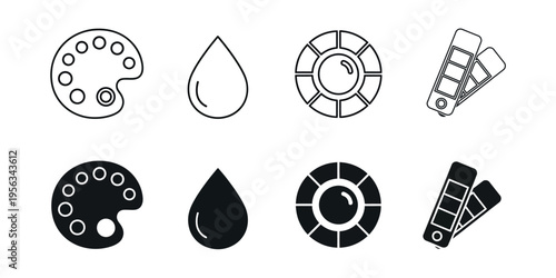 Collection of paint palette and brush icons in various styles
