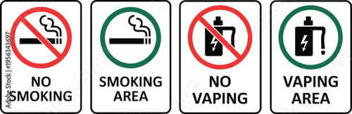 No smoking vector, no vaping and prohibition symbols, no smoking zone sign, red and green color design, printable safety label, minimal flat vector element for design.