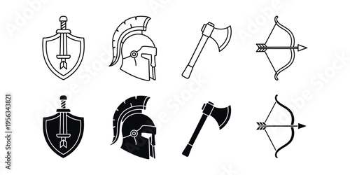 Medieval armory swords shields bows and axes