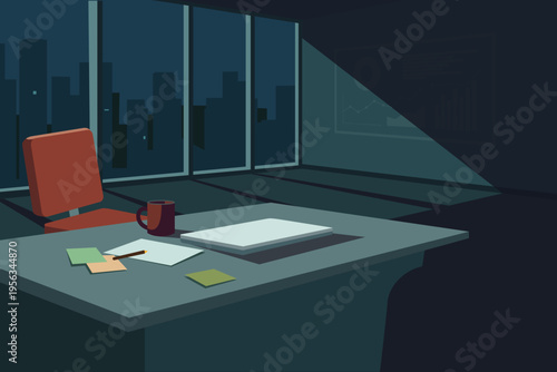 Empty office workspace at night after long workday, burnout and overtime concept, flat vector illustration