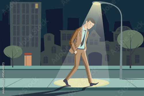 Tired businessman walking home at night after work, exhaustion and burnout concept, flat vector illustration