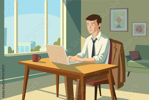 Businessman working in focused mode without distractions, productivity concept, flat vector illustration