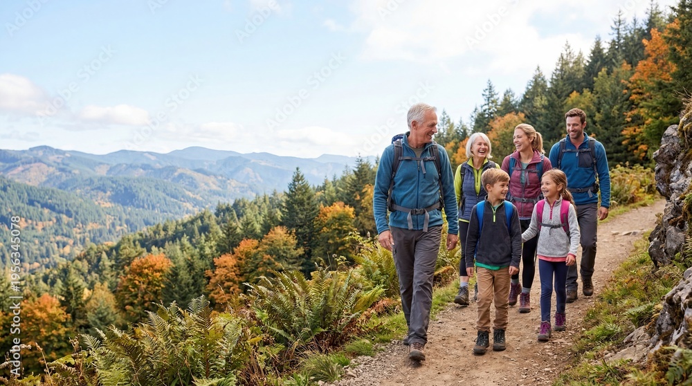 Obraz premium Multigeneration family hiking on mountain trail in autumn forest with scenic valley view grandparents parents and children enjoying outdoor adventure together active lifestyle concept