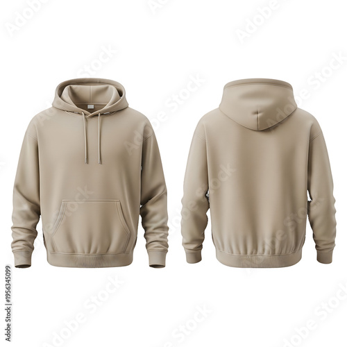 Front and back view of a beige pullover hoodie isolated on a white background isolated on a transparent background