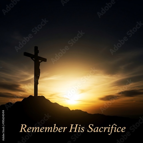 A cross on a hill at sunset with the words remember his sacrifice