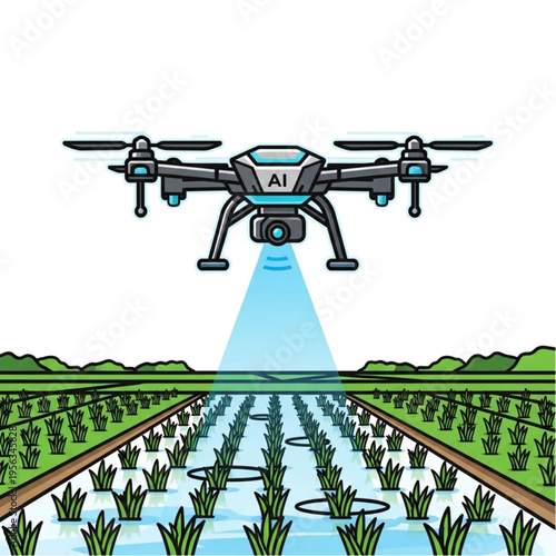 Isolated military aircraft flies over a white water pump on a green field