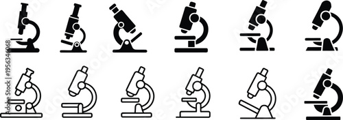 Microscope icon, multiple black and white designs, laboratory and science research symbol