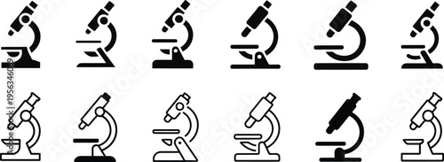 Microscope icon, multiple black and white designs, laboratory and science research symbol