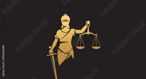 Justice symbol with blindfolded woman holding scales and sword on black background