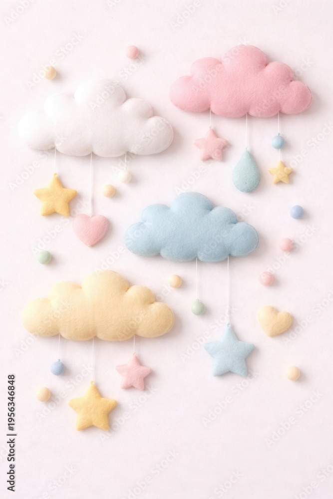 Fototapeta premium Pastel cloud mobile decor with stars and hearts