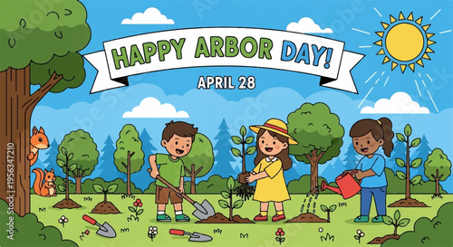 Children celebrate arbor day planting trees in a sunny park with green grass and blue sky