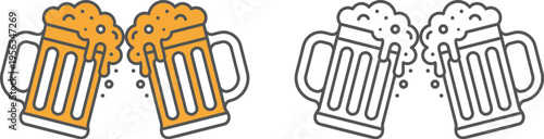 Vector illustration of two beer mugs with foam clinking together in a celebratory toast isolated on white background
