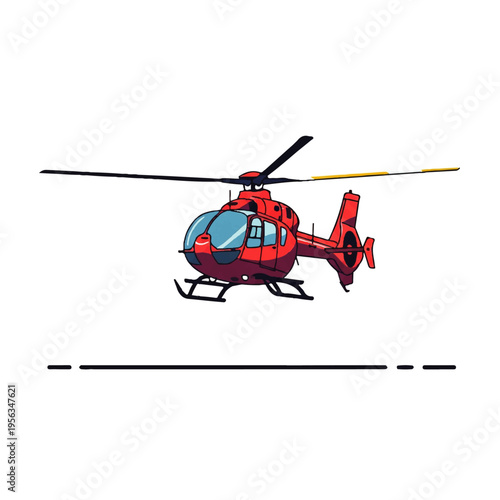Vector flat design illustration of a red helicopter with a yellow tail rotor on a white background.