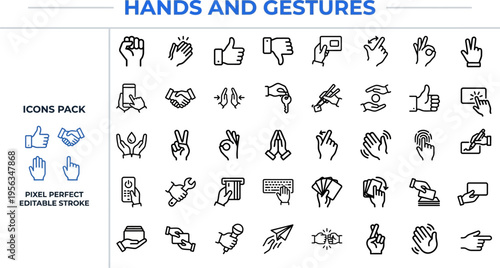 Hands & Gestures Icon Set Pack — Thumbs Up, Pointing, Interaction, Pixel Perfect Editable Vector