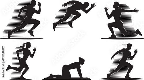 Runner Silhouettes Set with Speed Motion Lines for Fitness Athletics Sports Marathon and Healthy Lifestyle Vector Icons