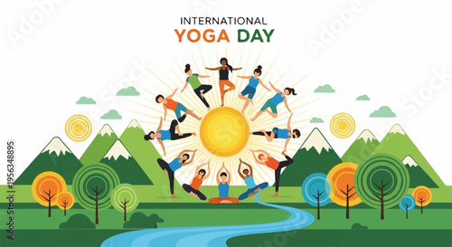 International yoga day illustration with people practicing yoga in a scenic mountain landscape with a river