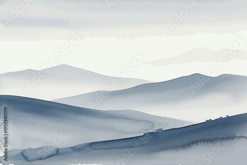 Abstract Watercolor Landscape with Serene Blue Mountains and Misty Peaks, a Tranquil Nature Scene