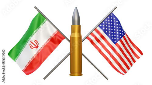 3D illustration of waving United States of America and Islamic Republic of Iran flags representing Middle East war conflict and regional strategic tension.