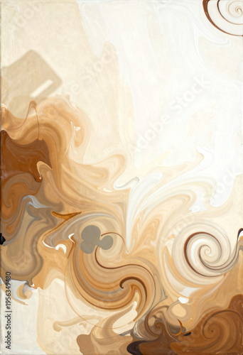Abstract art composition featuring textured beige and white swirls on a creamy white background with dark brown undertones.