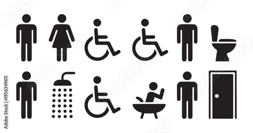 Collection of restroom and bathing icons, including male, female, disabled, toilet, and shower symbols
