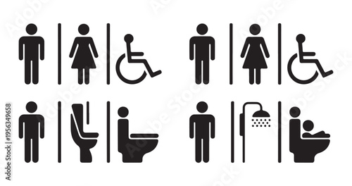 Collection of restroom symbols including male female disabled adult child shower and toilet icons