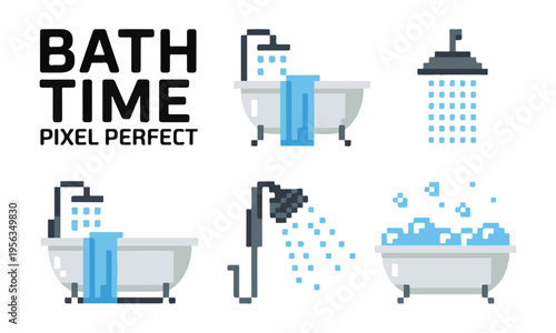 Pixel perfect icons for bath time including bathtubs with water and shower heads