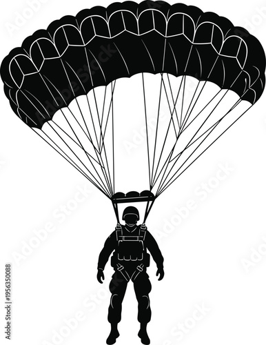 Black silhouette of a parachutist with a large parachute white background