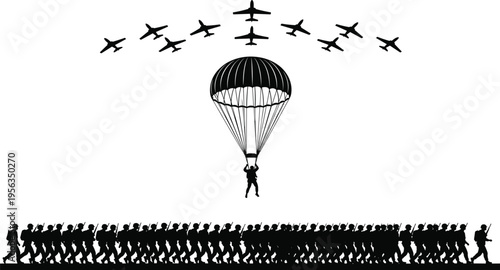 Black silhouette of a person parachuting down with a crowd running below and planes flying above parachute