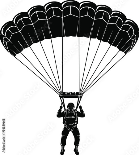 Black silhouette of a skydiver with open parachute white background