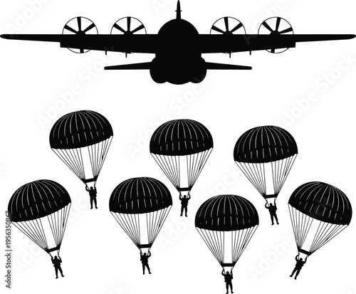Black silhouette of airplane with parachuters descending white