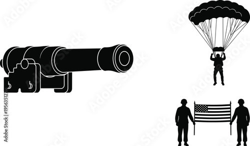 Black silhouettes of military cannon parachuter and soldiers with american flag