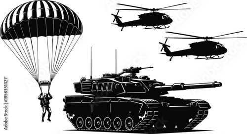 Black silhouettes of military tank and aircraft with parachutist helicopter parachute