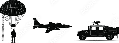 Black silhouettes of parachuter fighter jet and military vehicle
