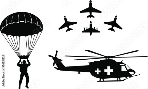 Black silhouettes of parachutist and medical helicopter with airplanes parachute