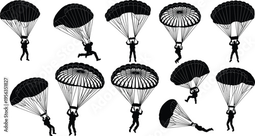 Black silhouettes of parachuters with open parachutes white background