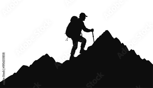 hiker silhouette climbing mountain with backpack and trekking pole outdoor adventure trekking and mountaineering concept isolated design