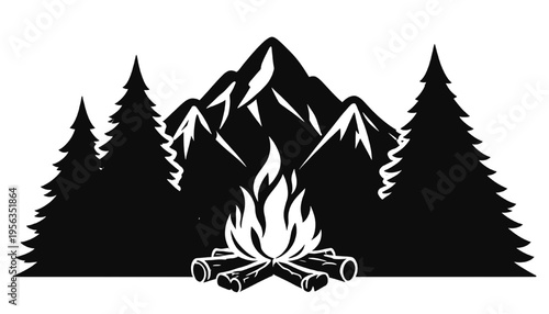 campfire silhouette with firewood logs in forest surrounded by pine trees and mountain landscape outdoor camping wilderness nature scene