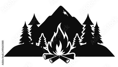 campfire silhouette with firewood logs in forest surrounded by pine trees and mountain peak outdoor camping wilderness nature scene
