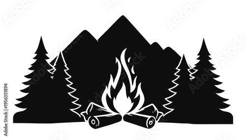 campfire silhouette with burning firewood logs in forest surrounded by pine trees and mountain range outdoor camping wilderness scene