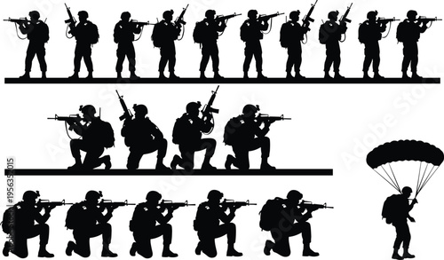 Black silhouettes of soldiers in various combat positions and a parachutist on white background
