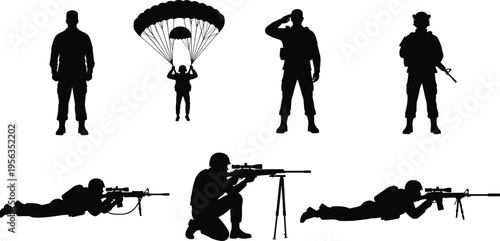 Black silhouettes of soldiers in various positions and actions on white background military