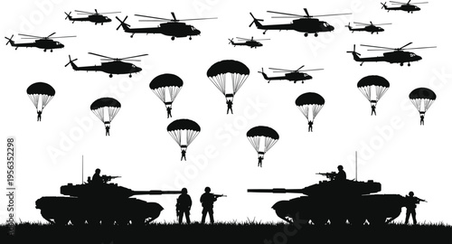 Military operation with helicopters and parachutes tanks