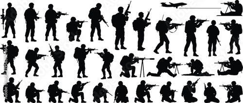 Black silhouettes of soldiers with guns and military vehicles on white background