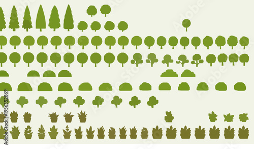 Big set of cartoon trees bushes and plants flat vector collection for 2D game assets isolated on white