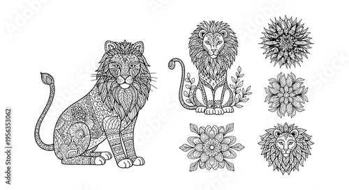 Intricate zentangle lions and floral designs in black and white