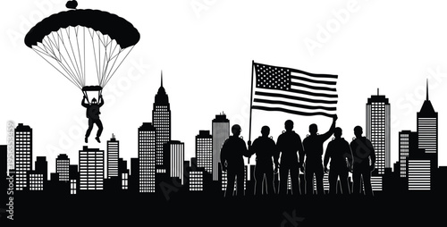 Parachuter descends over city skyline with onlookers holding american flag buildings