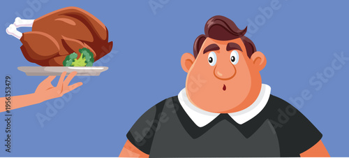 Overweight Man Gets a Roasted Chicken Vector Illustration. Person on a diet being tempted into overeating with no restriction 