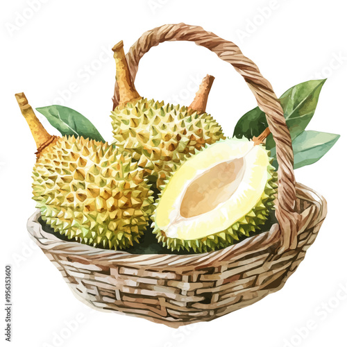 Durian Basket, beautiful watercolor illustration with vivid colors and detailed vector style, isolated on a white background.
