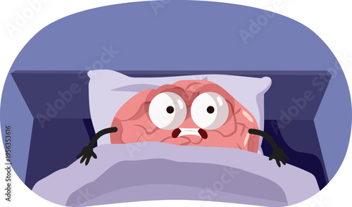 Anxious Brain Suffering from Insomnia in Bed Vector Illustration. Stressed anxious mind feeling depressed and worried after a bad dream

