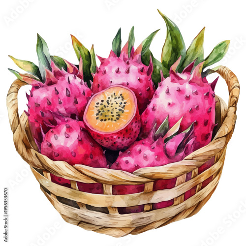 Dragon Fruit Basket, vibrant watercolor vector illustration with flowing and detailed brush strokes, isolated on a white background.